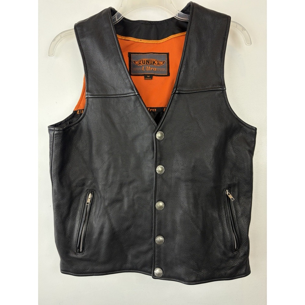 UNIK Ultra Mens Medium Black Leather Motorcycle Vest Buffalo Nickel Snaps Lined